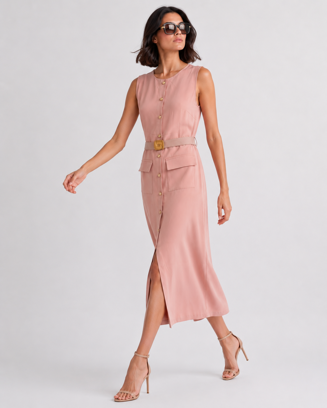 Belted Button-Front Midi Dress