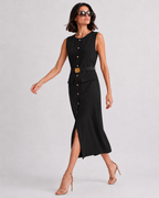 Belted Button-Front Midi Dress