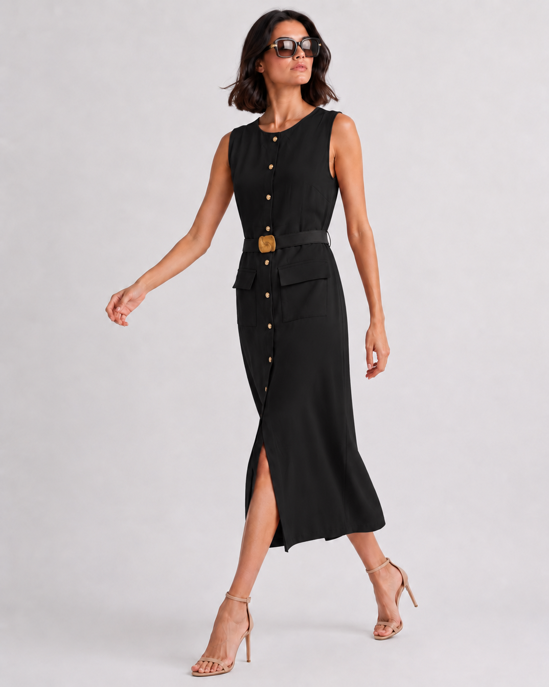 Belted Button-Front Midi Dress