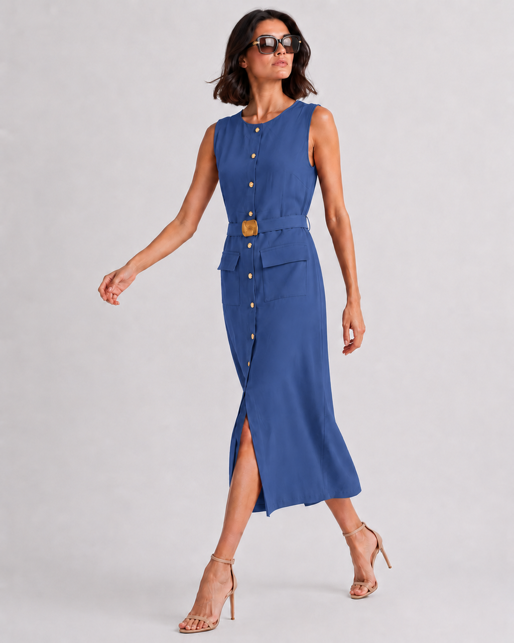 Belted Button-Front Midi Dress