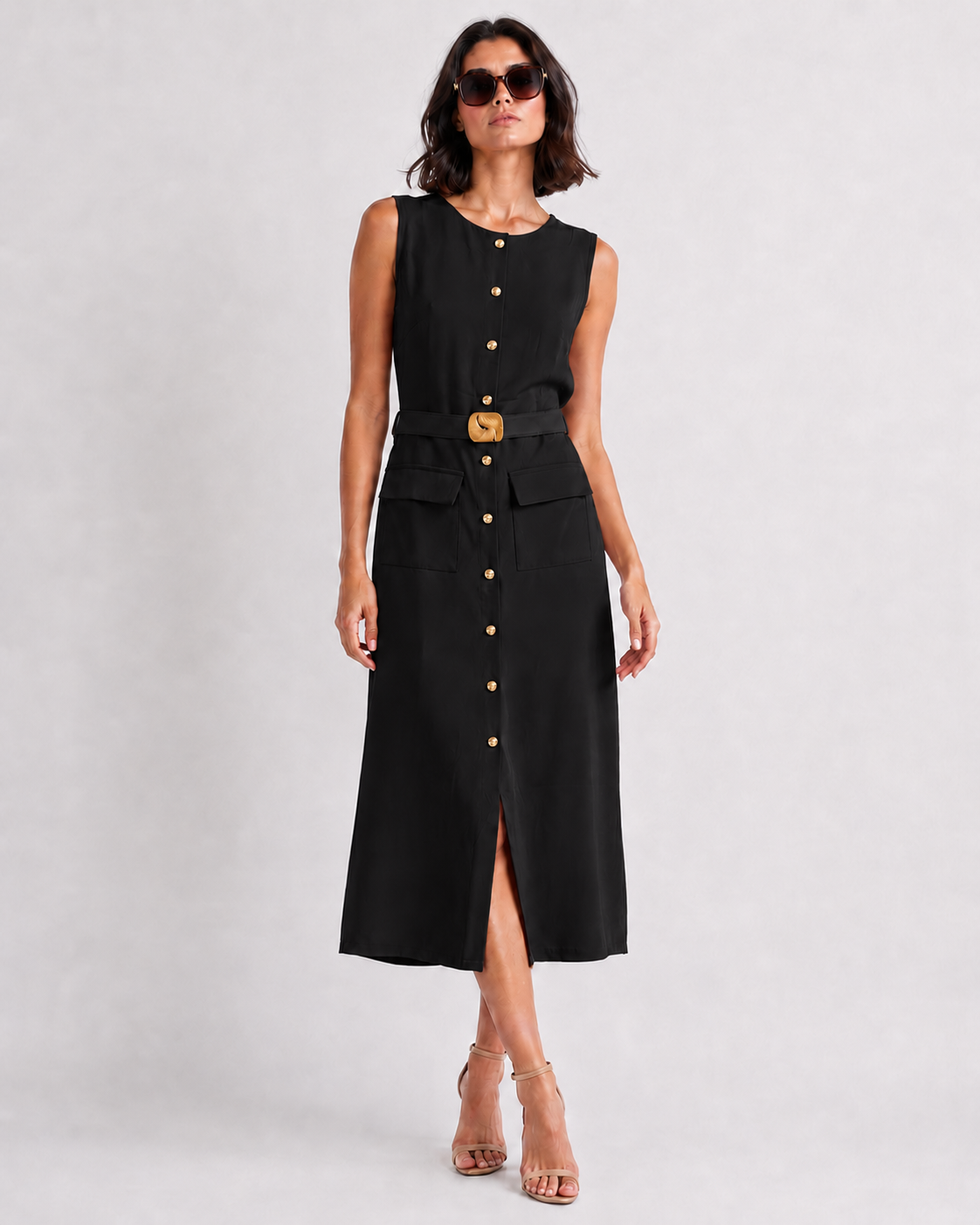 Belted Button-Front Midi Dress