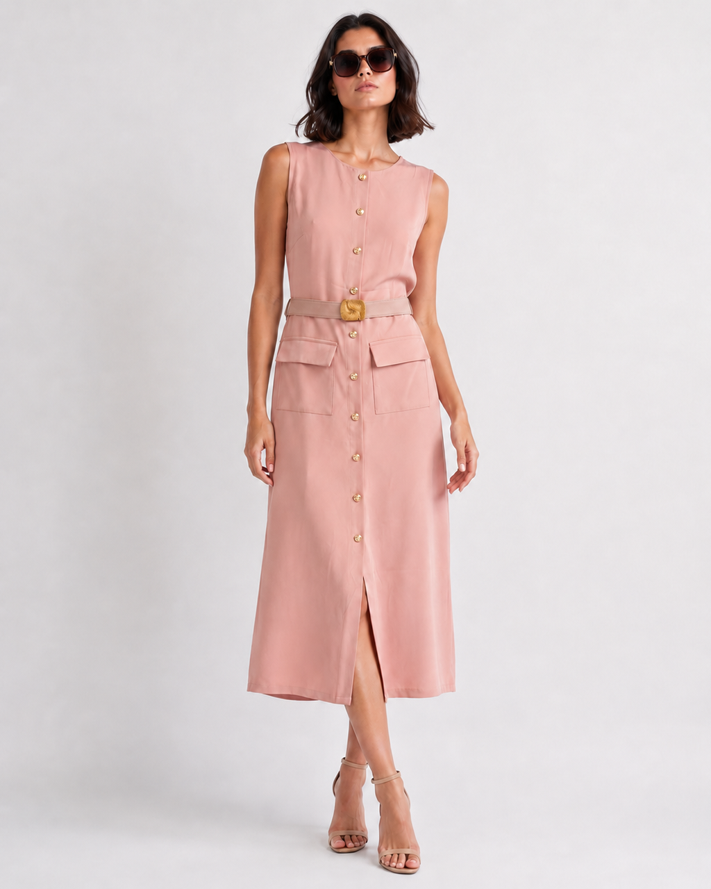 Belted Button-Front Midi Dress