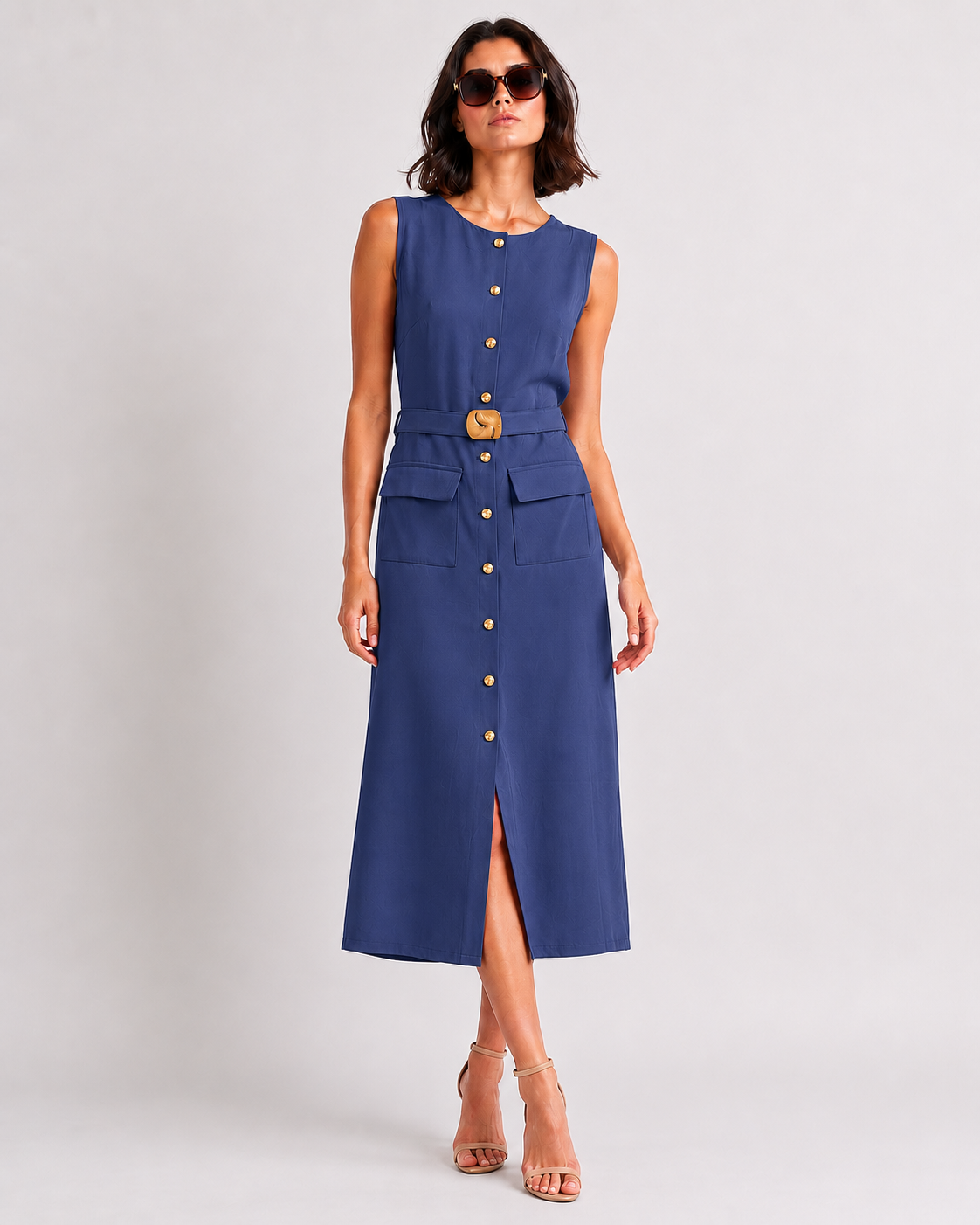 Belted Button-Front Midi Dress