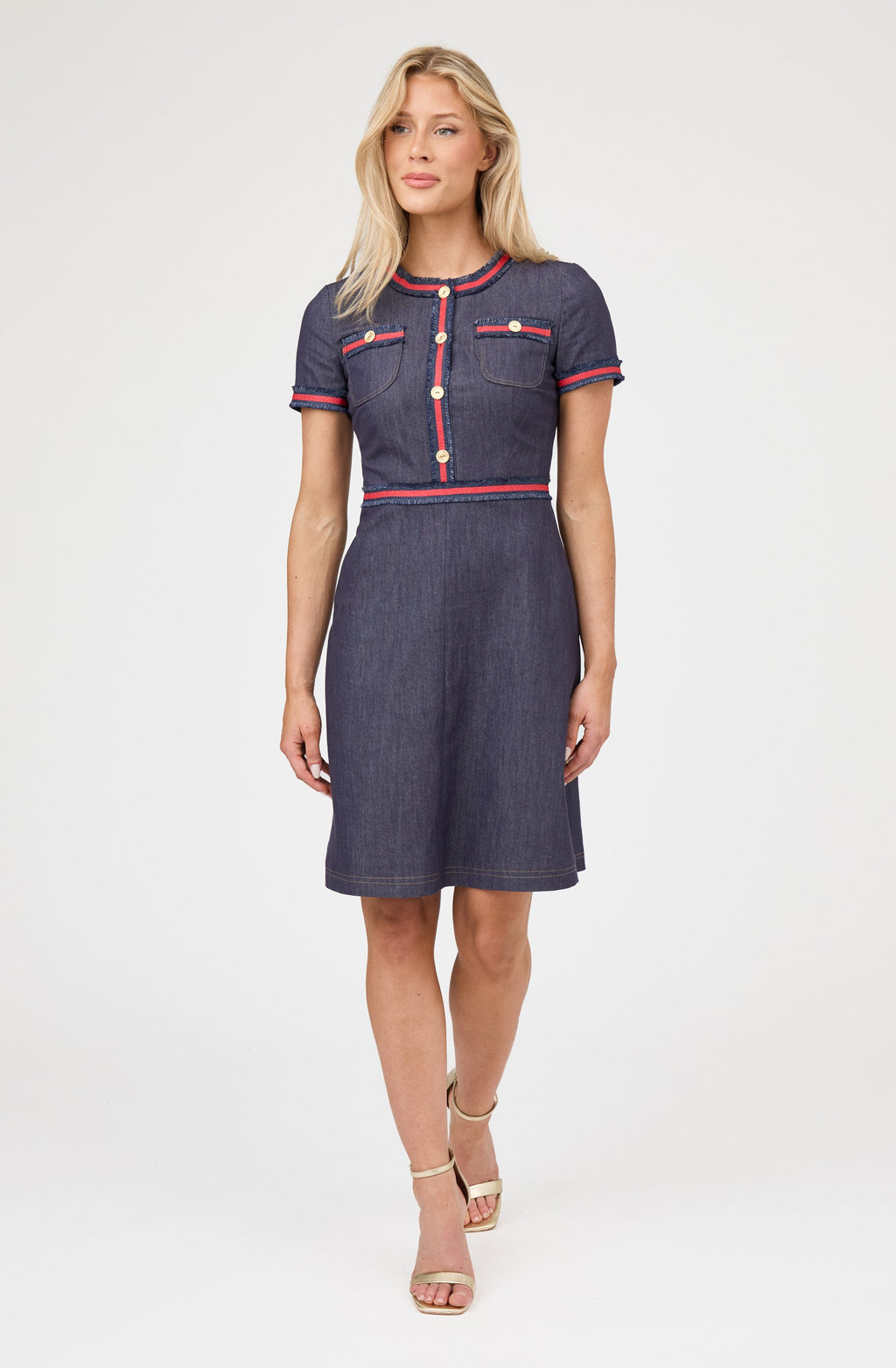 Ribbon Trim Denim Shift Dress