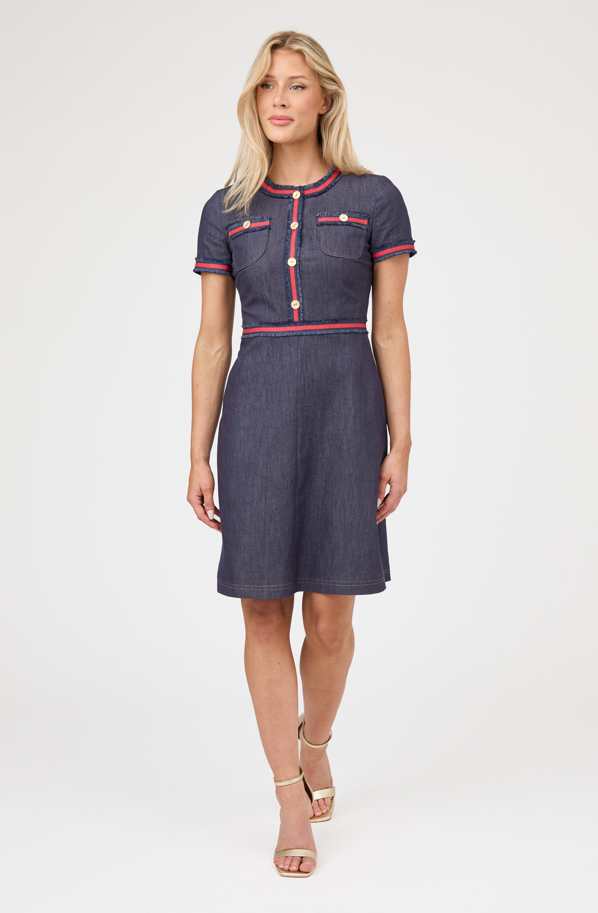 Ribbon Trim Denim Shift Dress