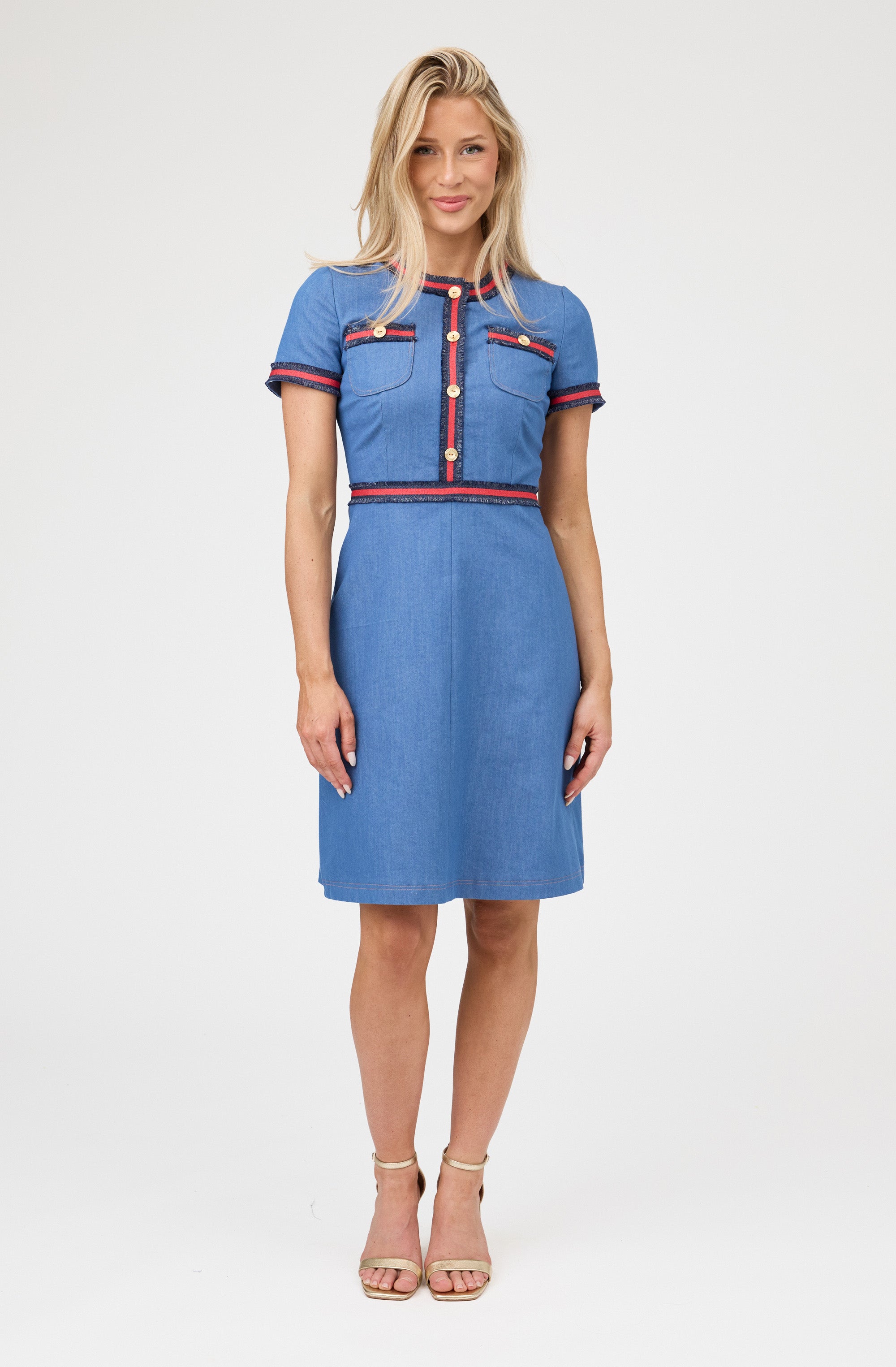 Ribbon Trim Denim Shift Dress