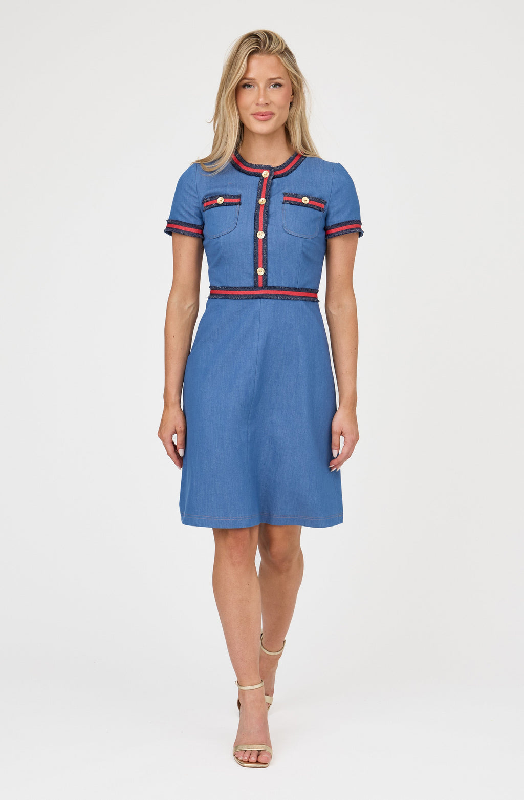 Ribbon Trim Denim Shift Dress