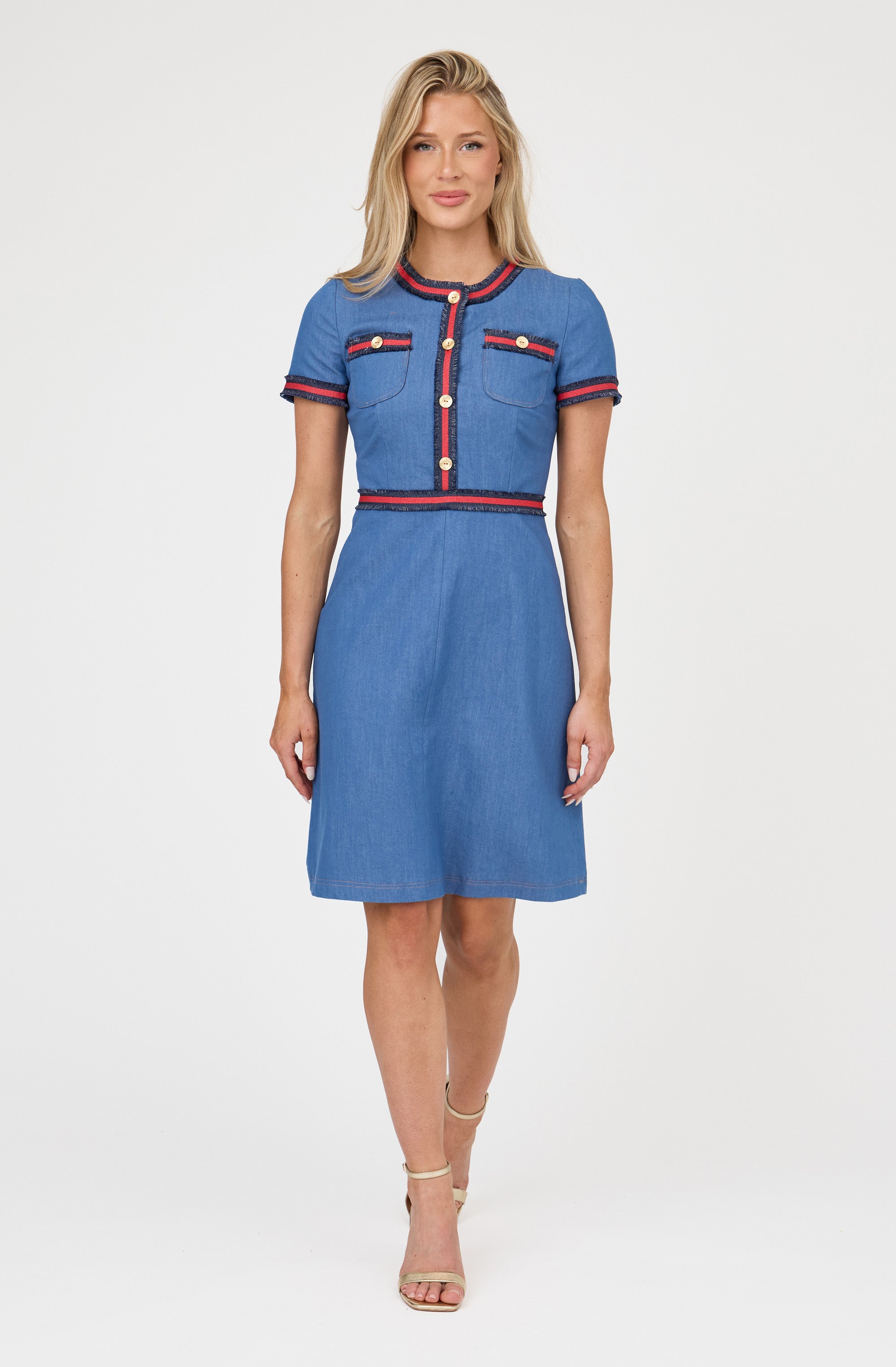 Ribbon Trim Denim Shift Dress