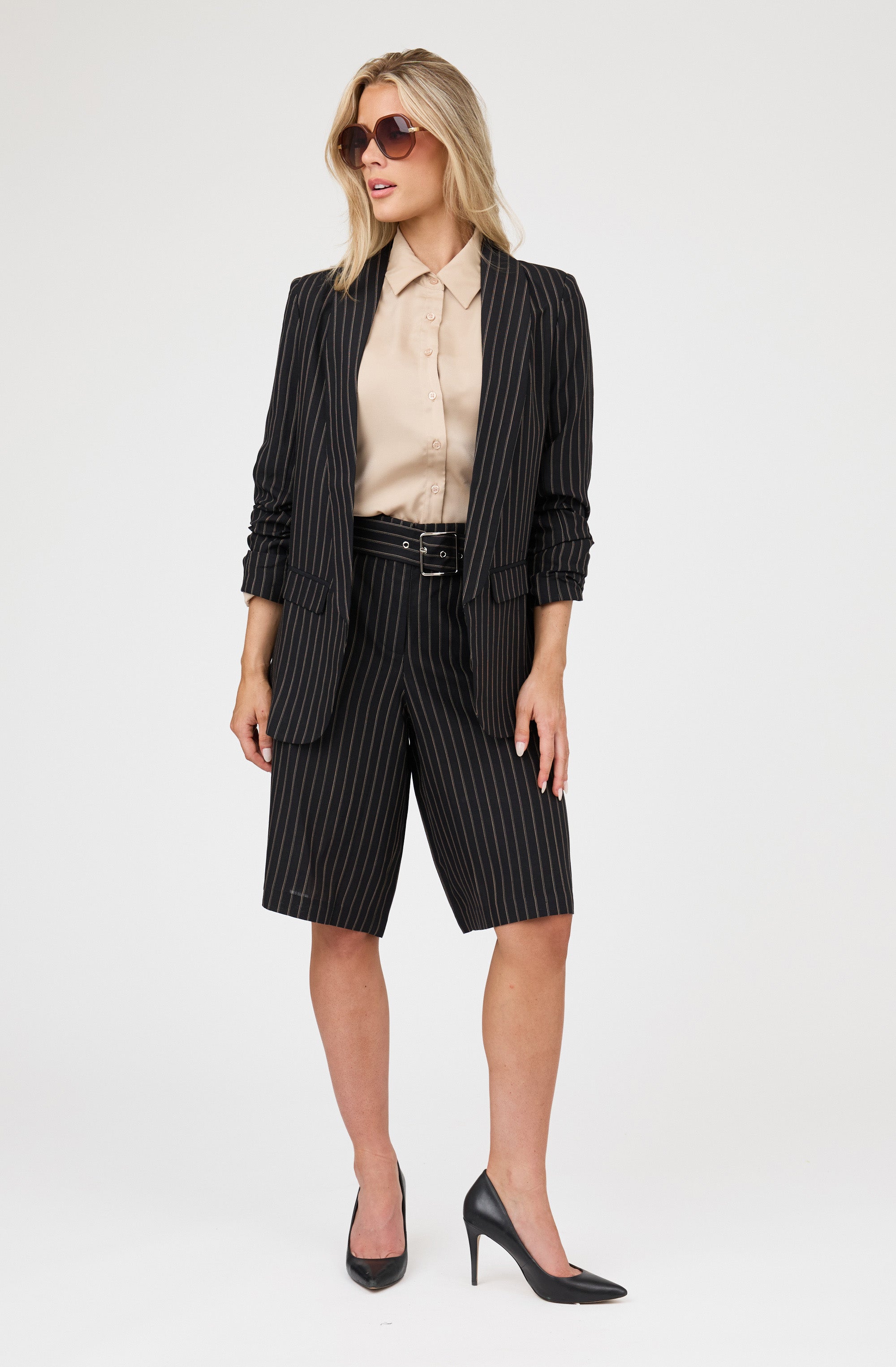 Pinstripe Ruched Sleeve Blazer