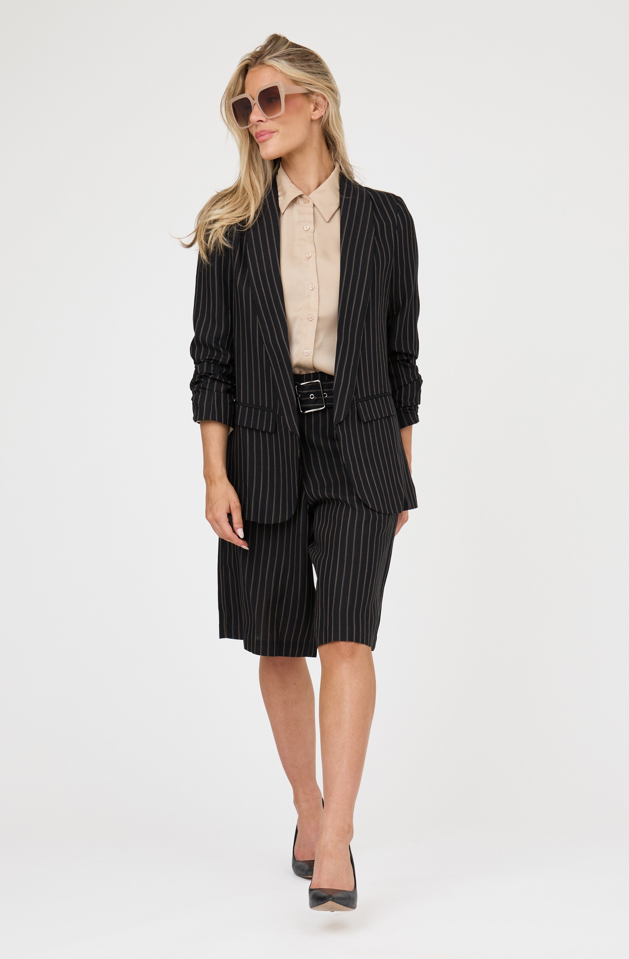 Pinstripe Ruched Sleeve Blazer