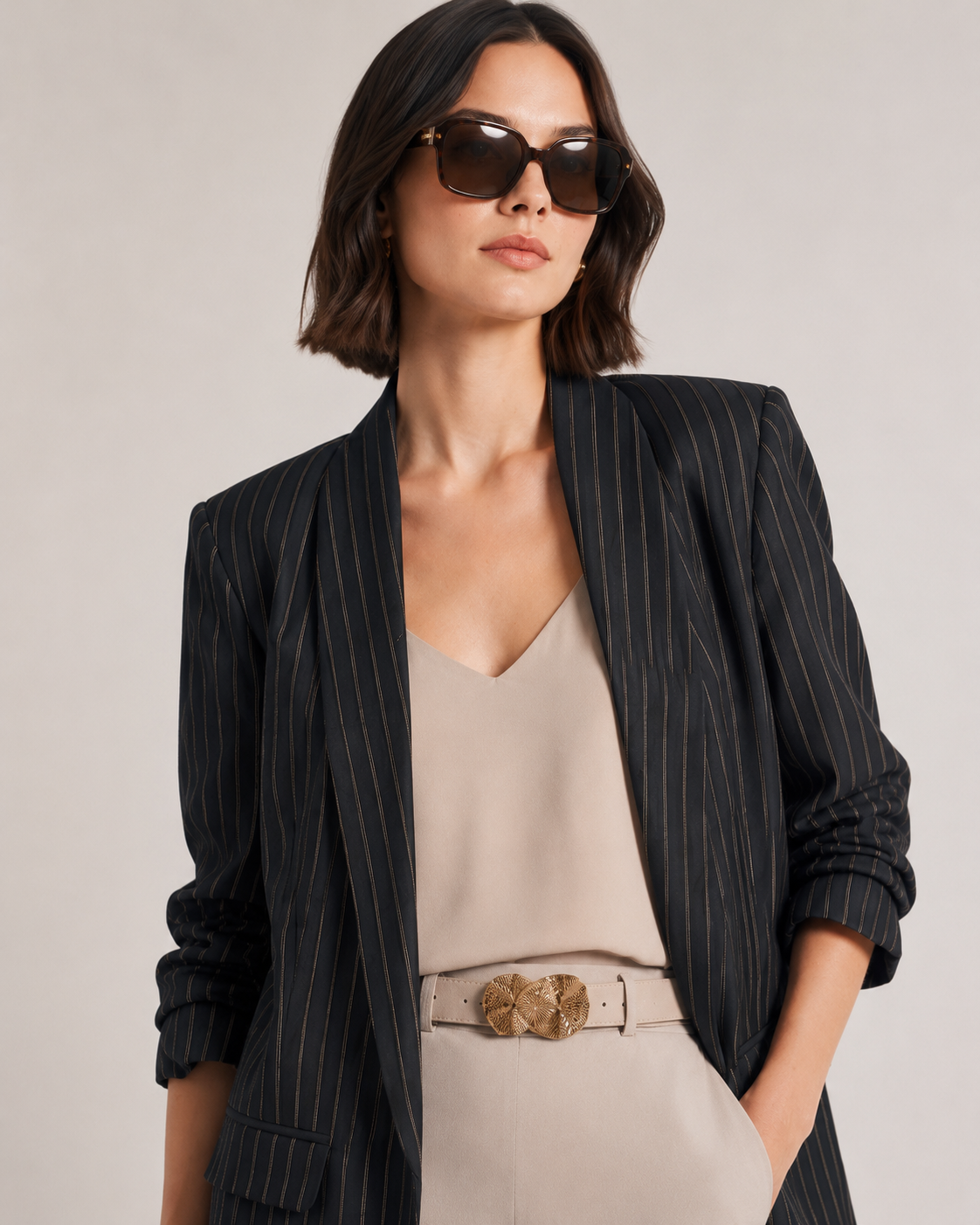 Pinstripe Ruched Sleeve Blazer