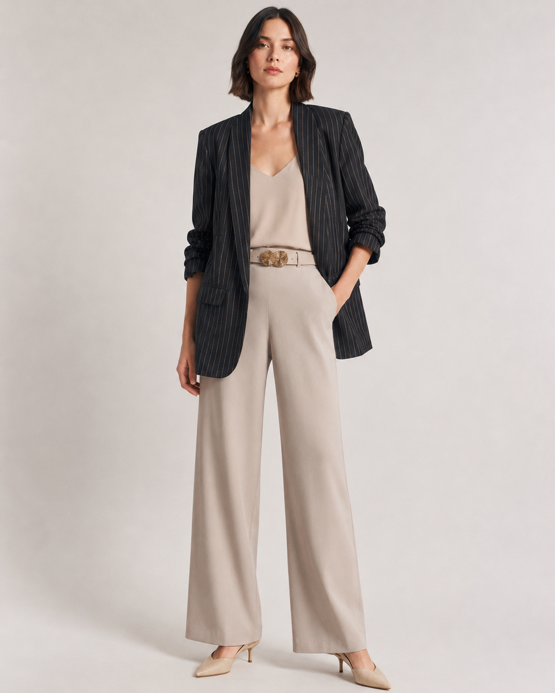 Pinstripe Ruched Sleeve Blazer
